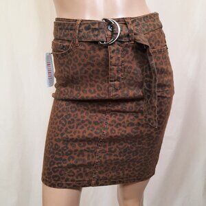 Ichi Leopard Denim Mini Skirt NWT Size S EUR 36 Brown Belted Straight Pencil